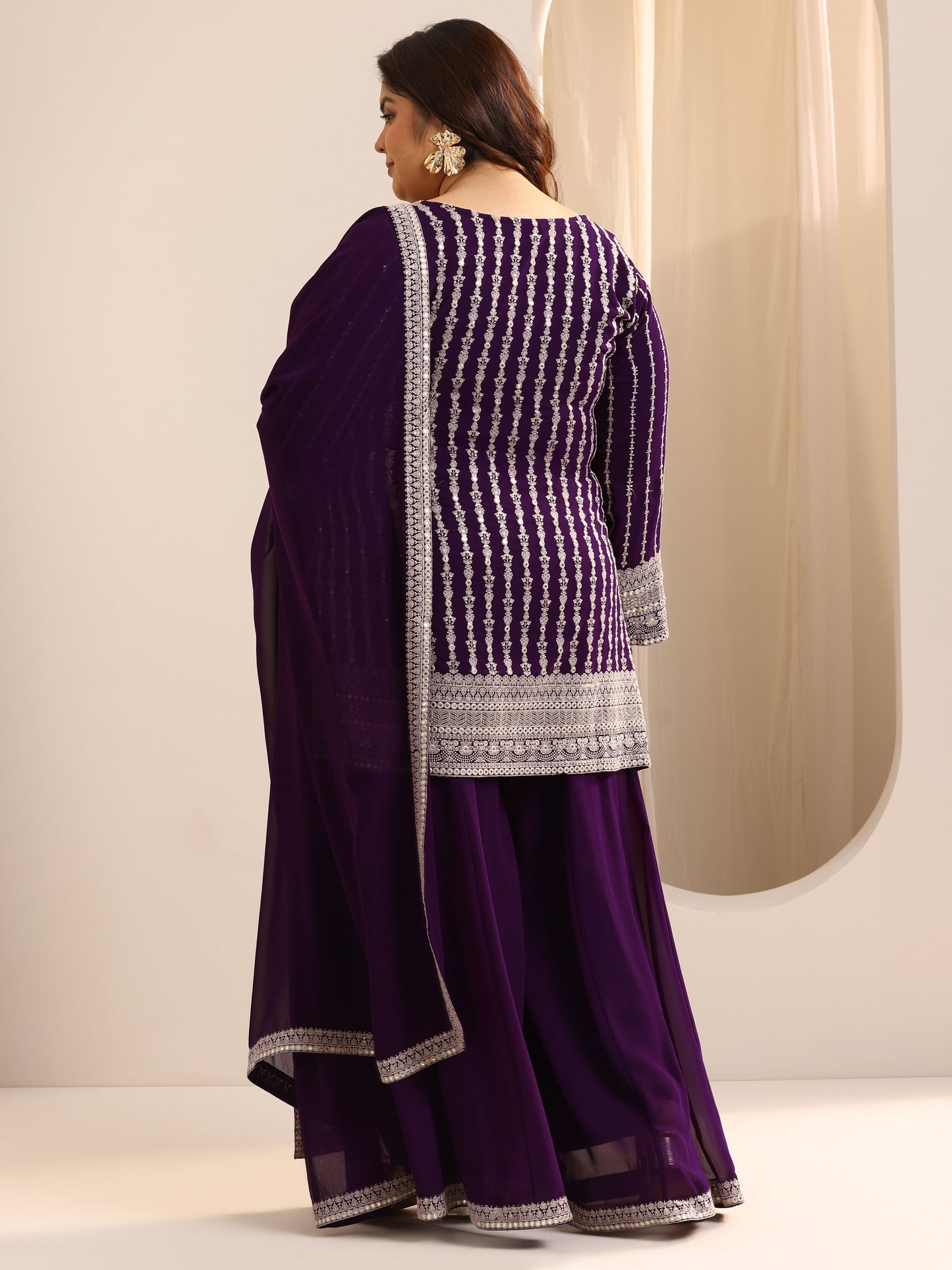 Plus Size Purple Embroidered Georgette A line Suit Set With Dupatta