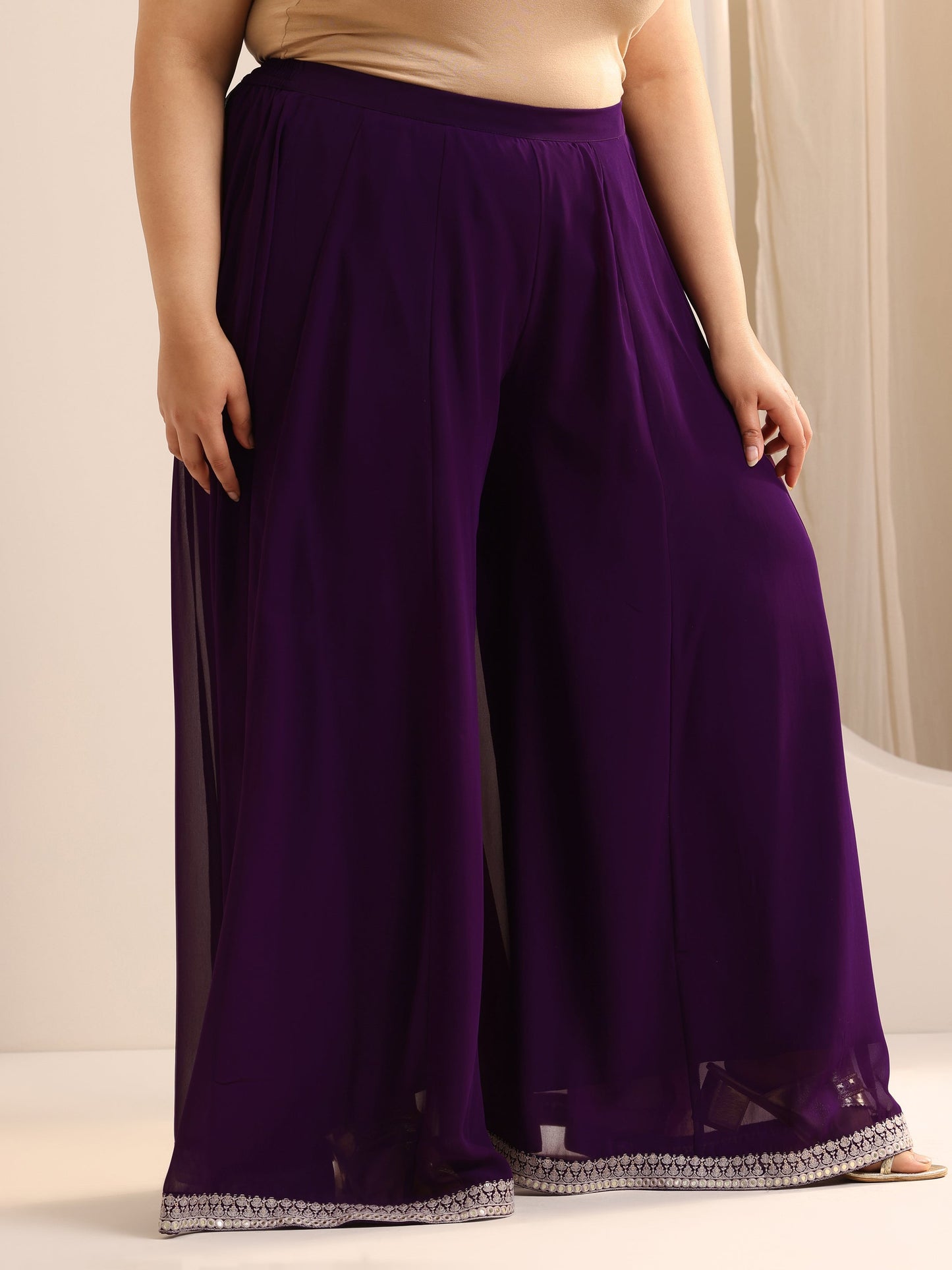 Plus Size Purple Embroidered Georgette A line Suit Set With Dupatta