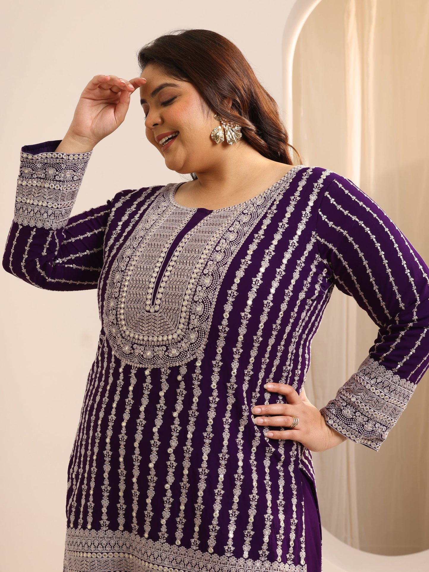 Plus Size Purple Embroidered Georgette A line Suit Set With Dupatta