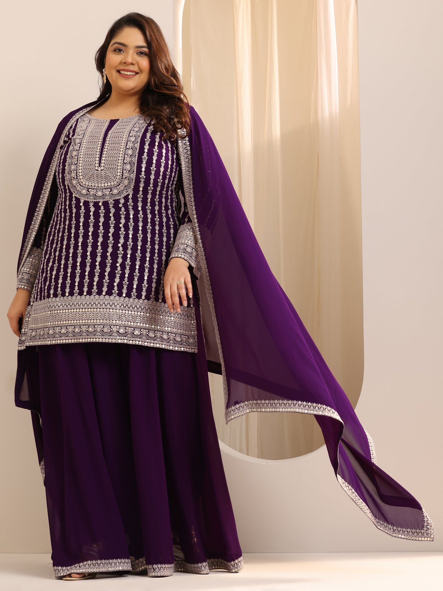 Plus Size Purple Embroidered Georgette A line Suit Set With Dupatta
