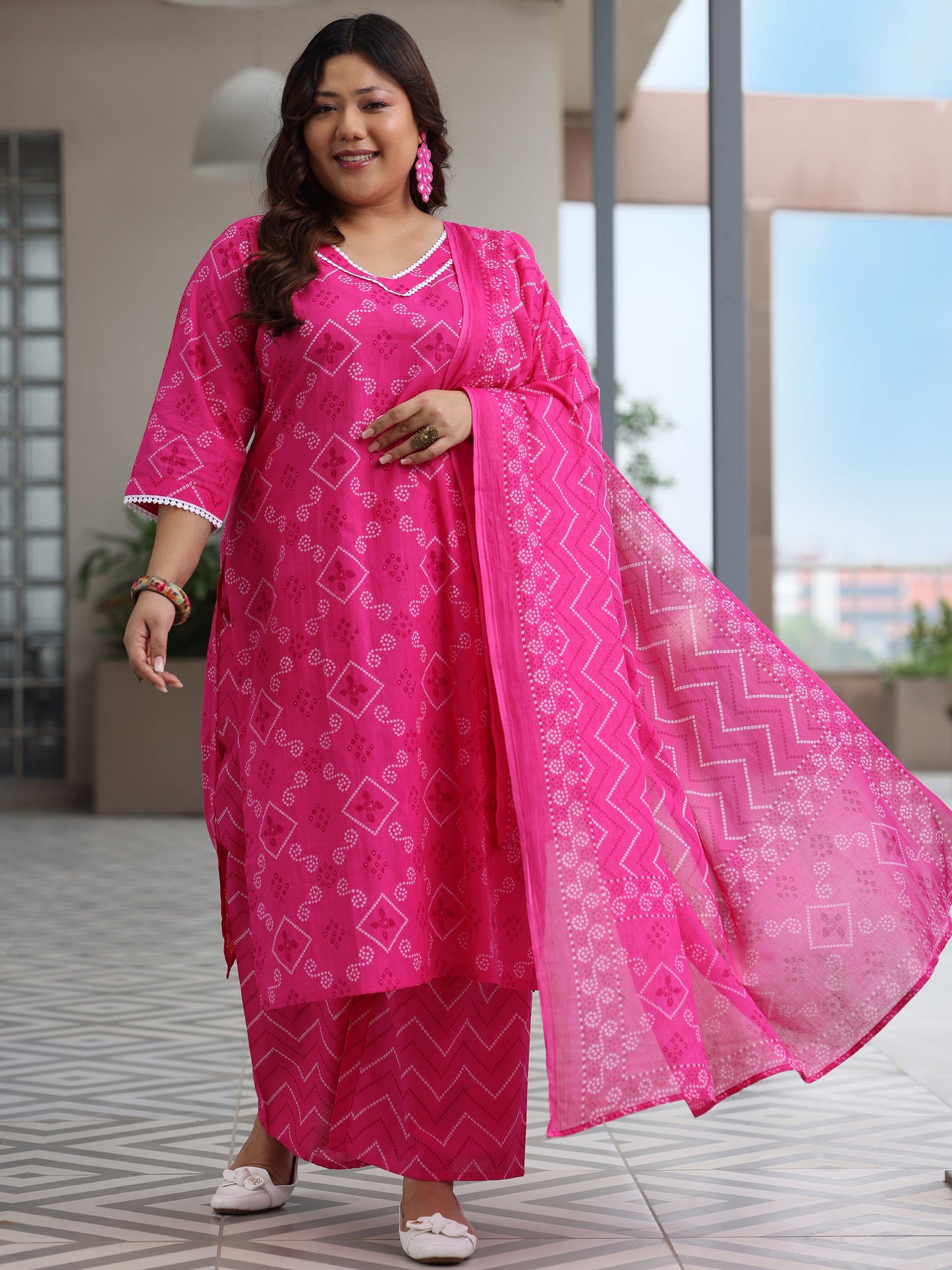 Plus Size Pink Printed Cotton Straight Suit Set With Dupatta