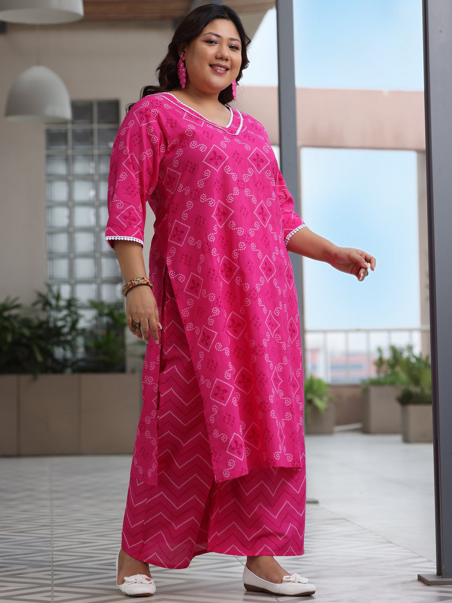 Plus Size Pink Printed Cotton Straight Suit Set With Dupatta