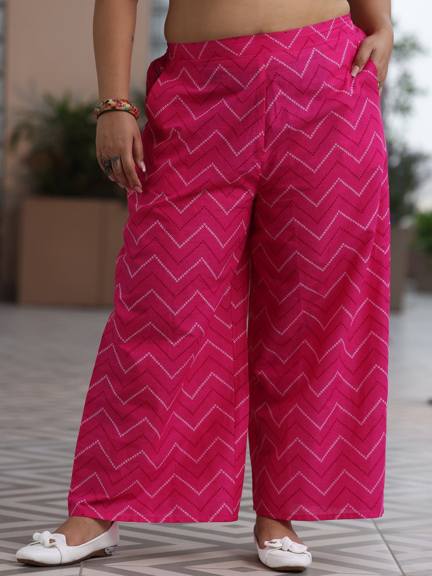 Plus Size Pink Printed Cotton Straight Suit Set With Dupatta