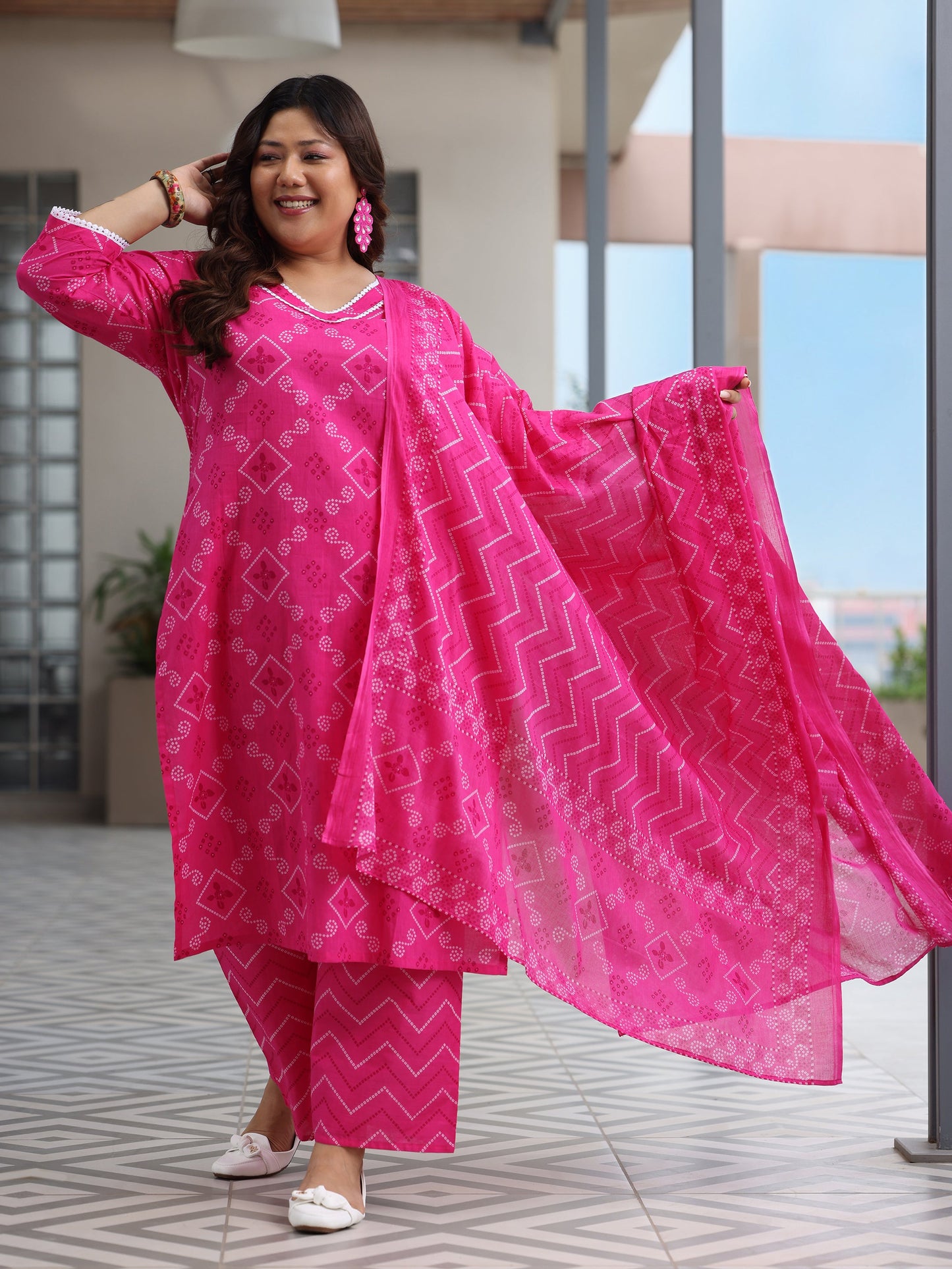 Plus Size Pink Printed Cotton Straight Suit Set With Dupatta