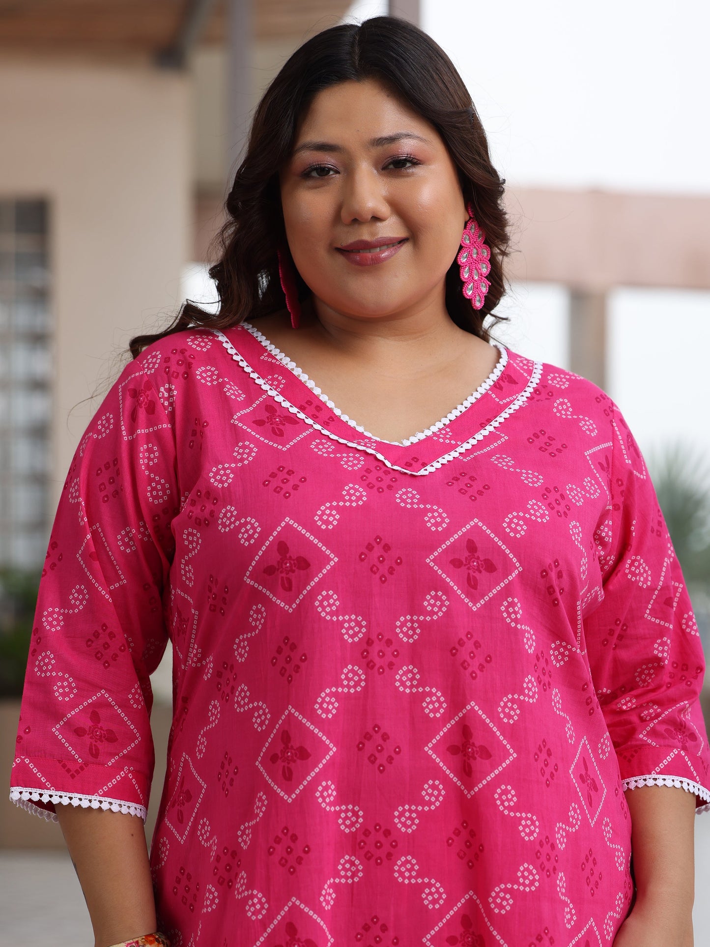 Plus Size Pink Printed Cotton Straight Suit Set With Dupatta