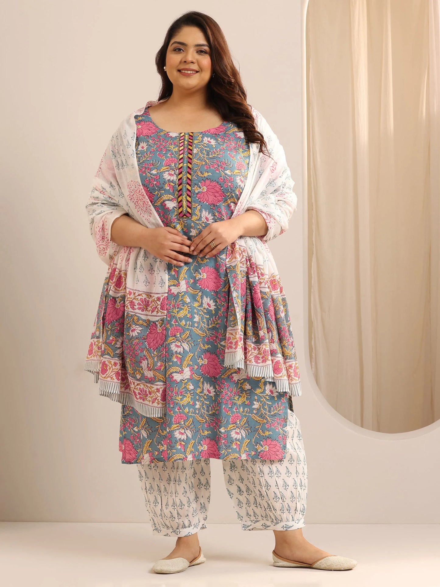 Plus Size Blue Printed Cotton Straight Suit Set With Dupatta