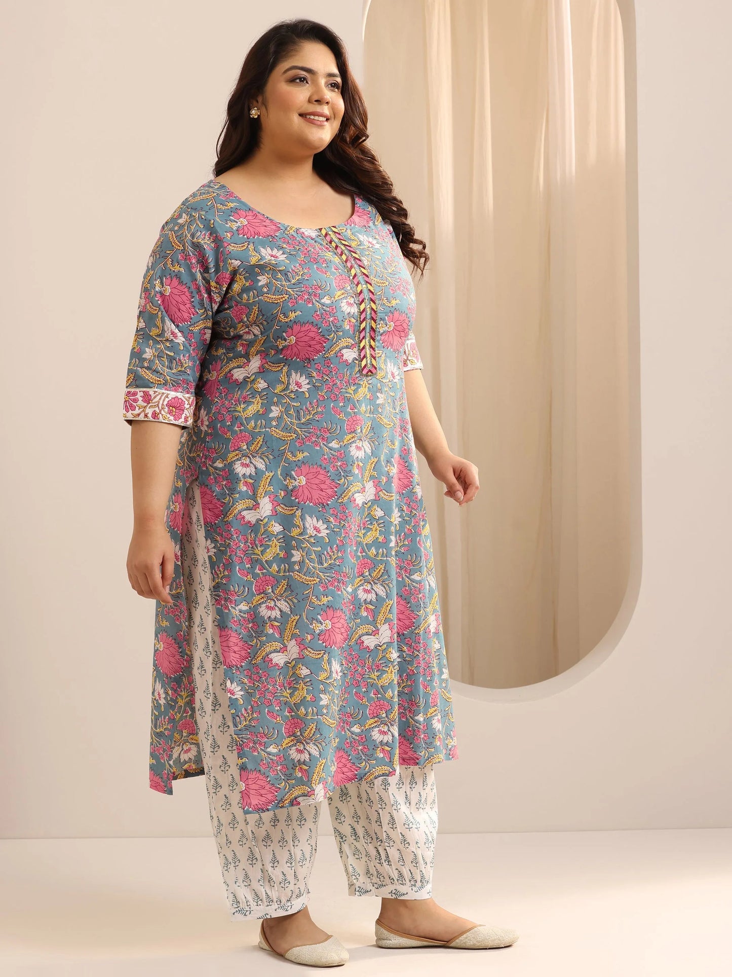Plus Size Blue Printed Cotton Straight Suit Set With Dupatta