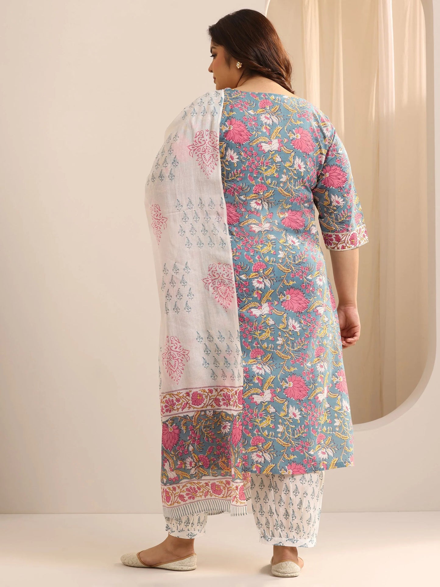 Plus Size Blue Printed Cotton Straight Suit Set With Dupatta