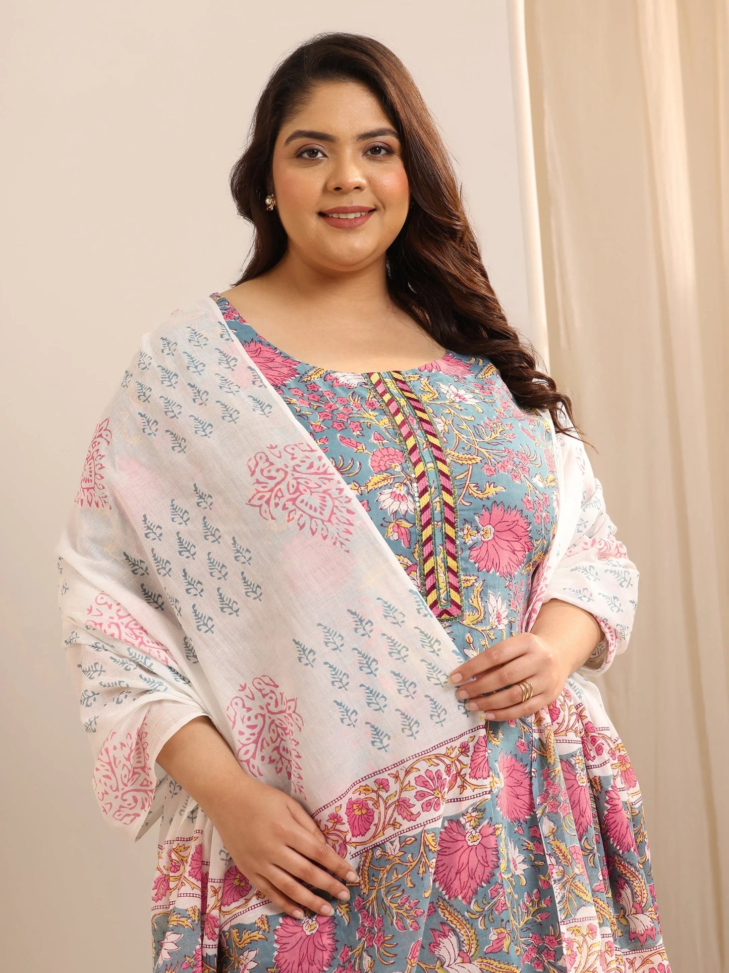Plus Size Blue Printed Cotton Straight Suit Set With Dupatta