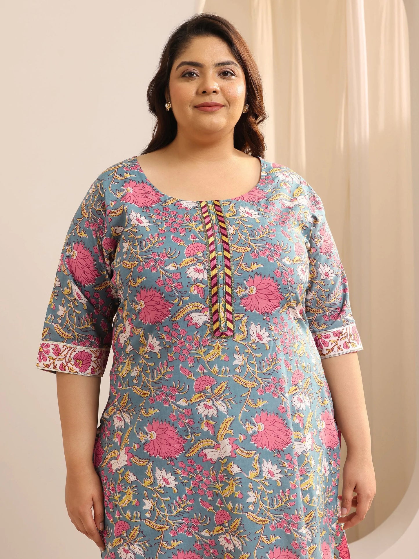 Plus Size Blue Printed Cotton Straight Suit Set With Dupatta