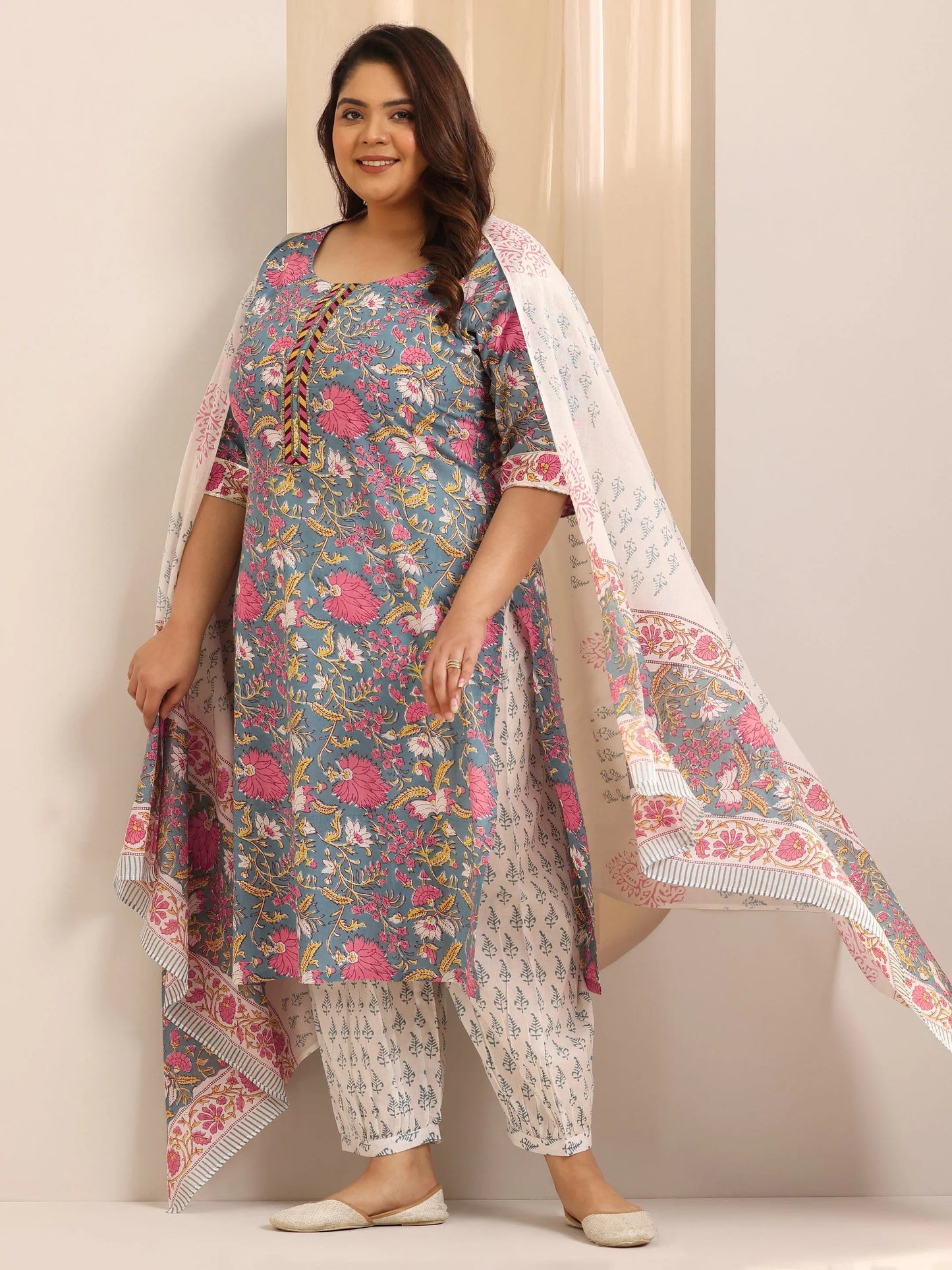 Plus Size Blue Printed Cotton Straight Suit Set With Dupatta