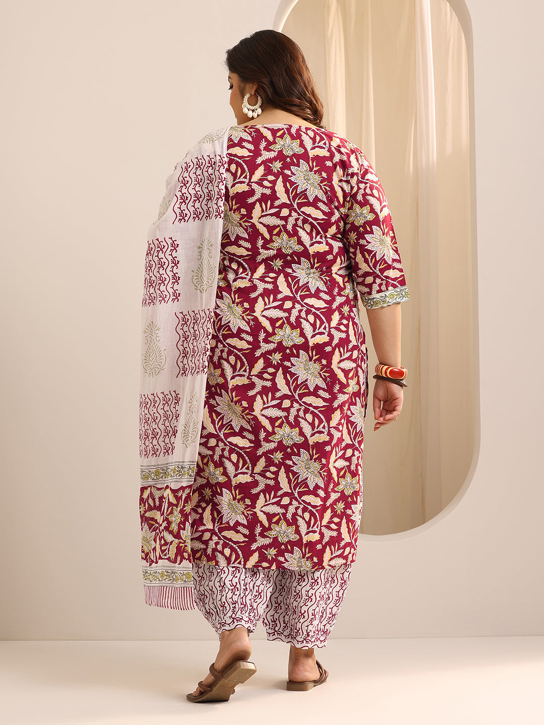 Plus Size Red Printed Cotton Straight Suit Set With Dupatta