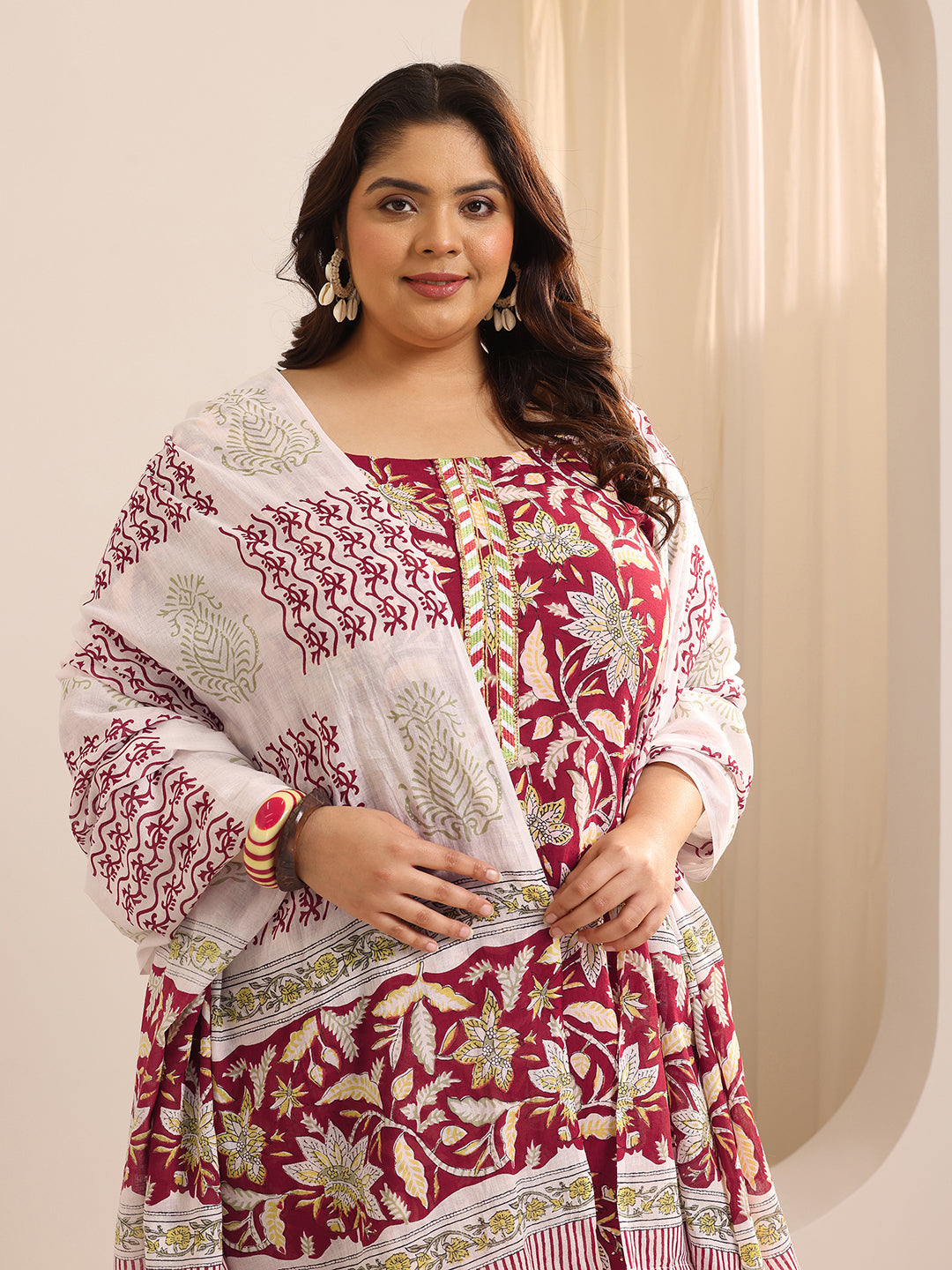 Plus Size Red Printed Cotton Straight Suit Set With Dupatta