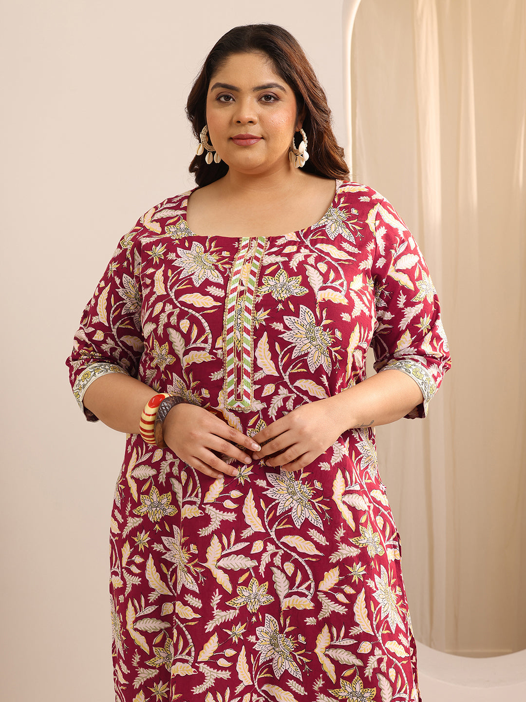 Plus Size Red Printed Cotton Straight Suit Set With Dupatta
