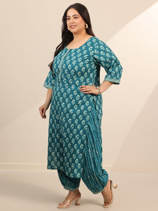 Plus Size Teal Printed Cotton Straight Suit Set With Dupatta