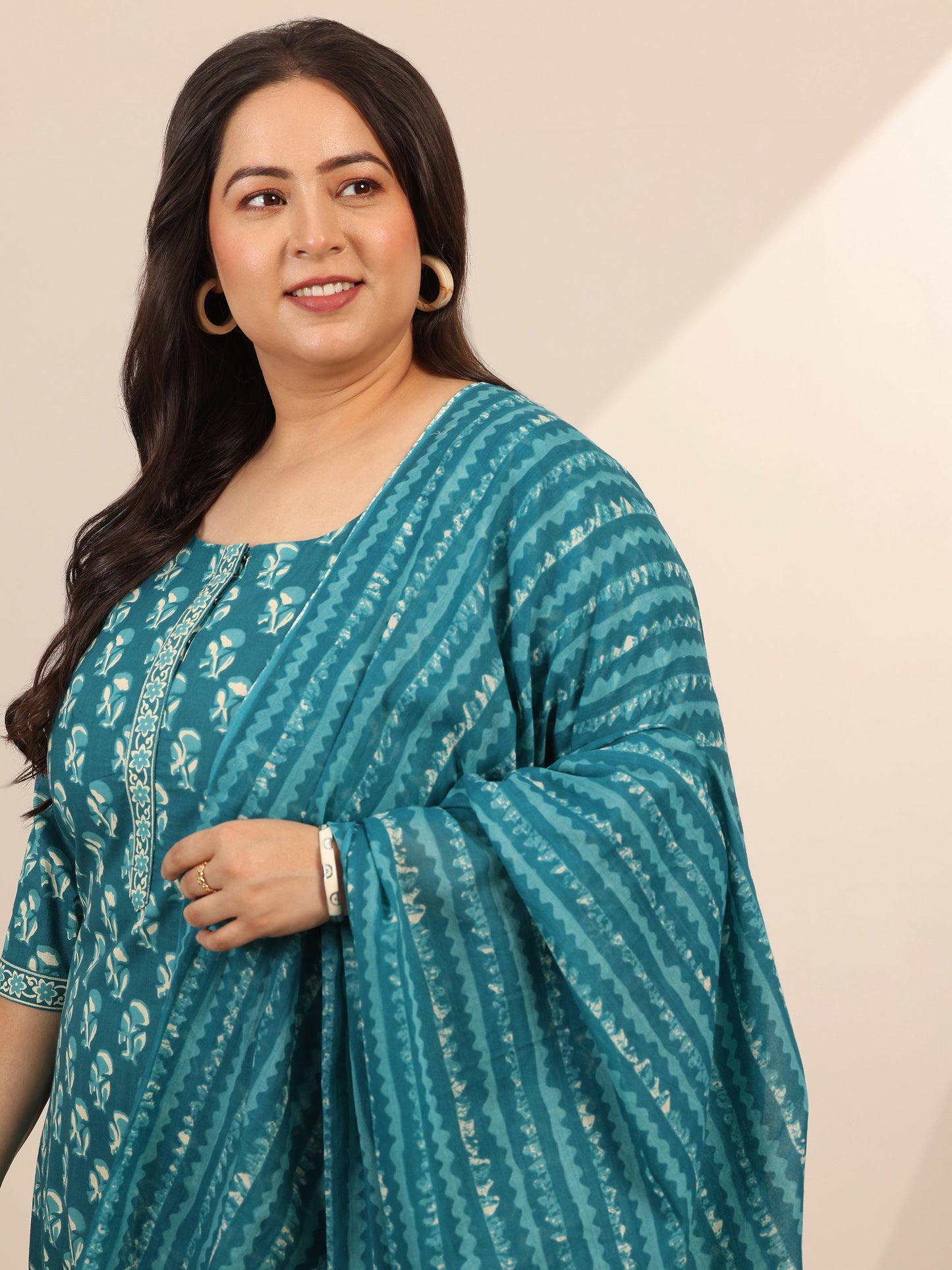 Plus Size Teal Printed Cotton Straight Suit Set With Dupatta
