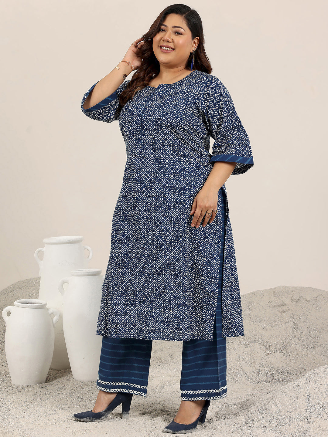 Plus Size Blue Printed Cotton Straight Suit Set With Dupatta
