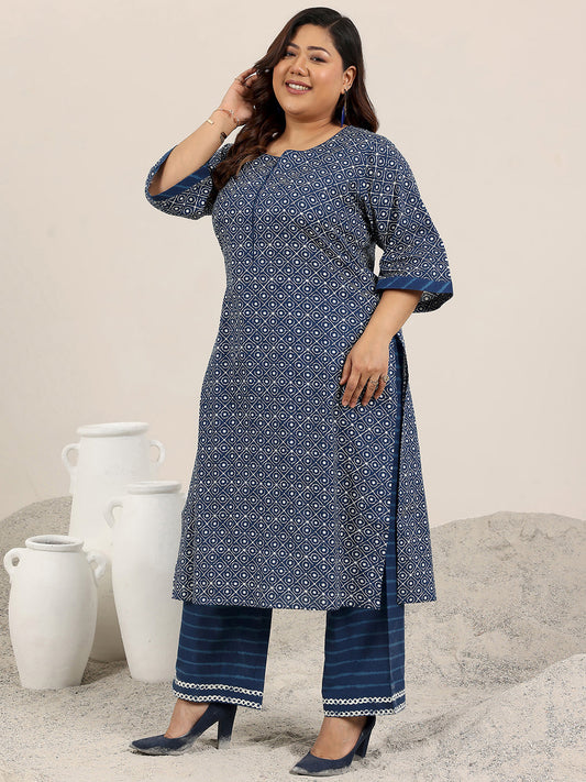 Plus Size Blue Printed Cotton Straight Suit Set With Dupatta