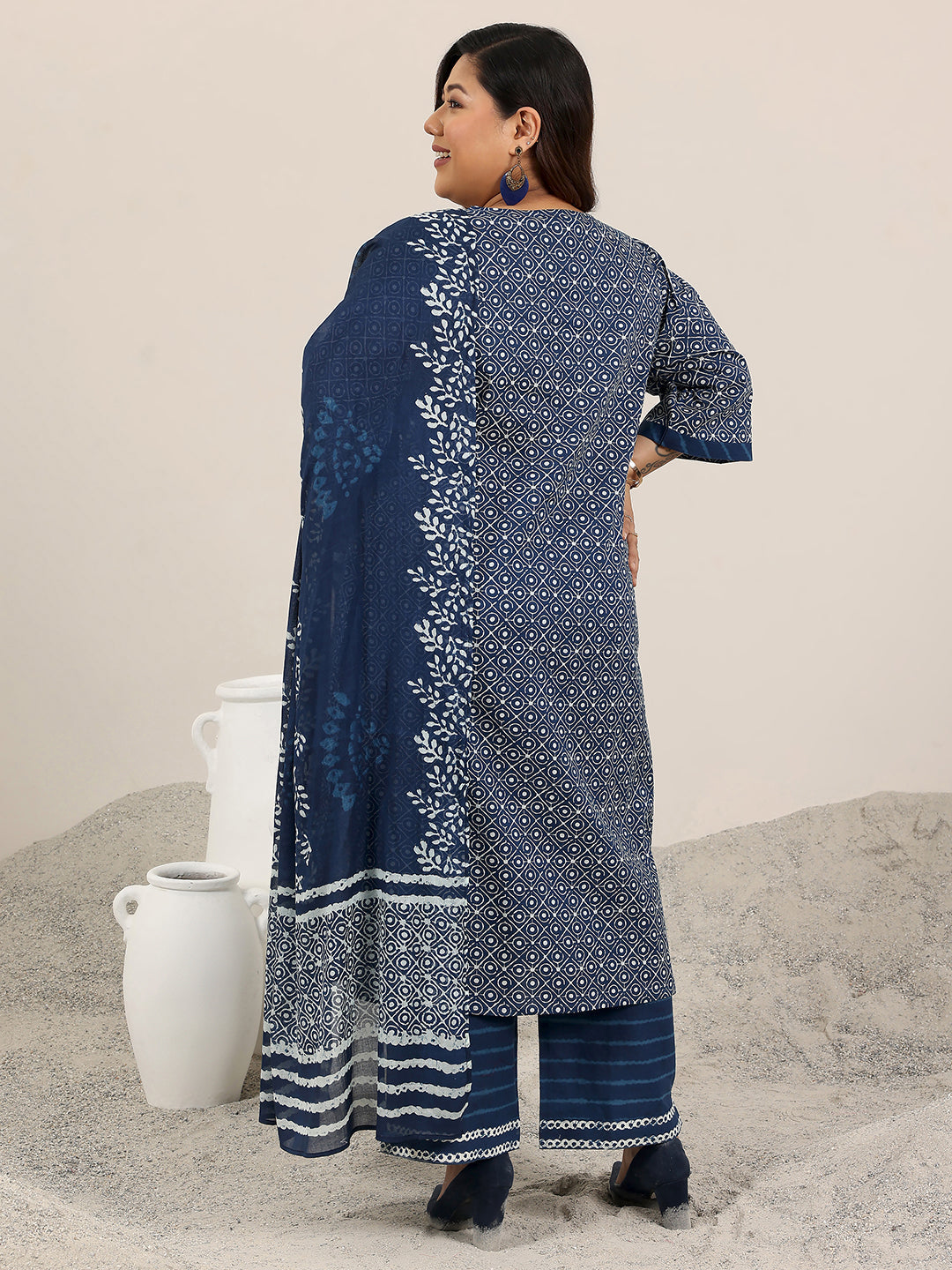 Plus Size Blue Printed Cotton Straight Suit Set With Dupatta