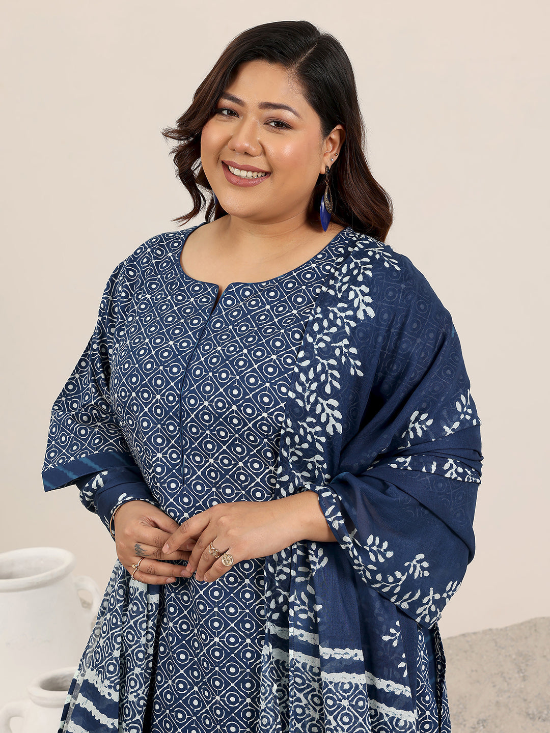 Plus Size Blue Printed Cotton Straight Suit Set With Dupatta