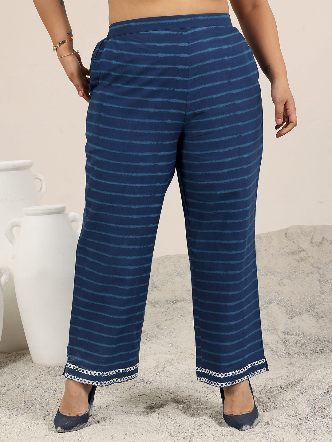 Plus Size Blue Printed Cotton Straight Suit Set With Dupatta