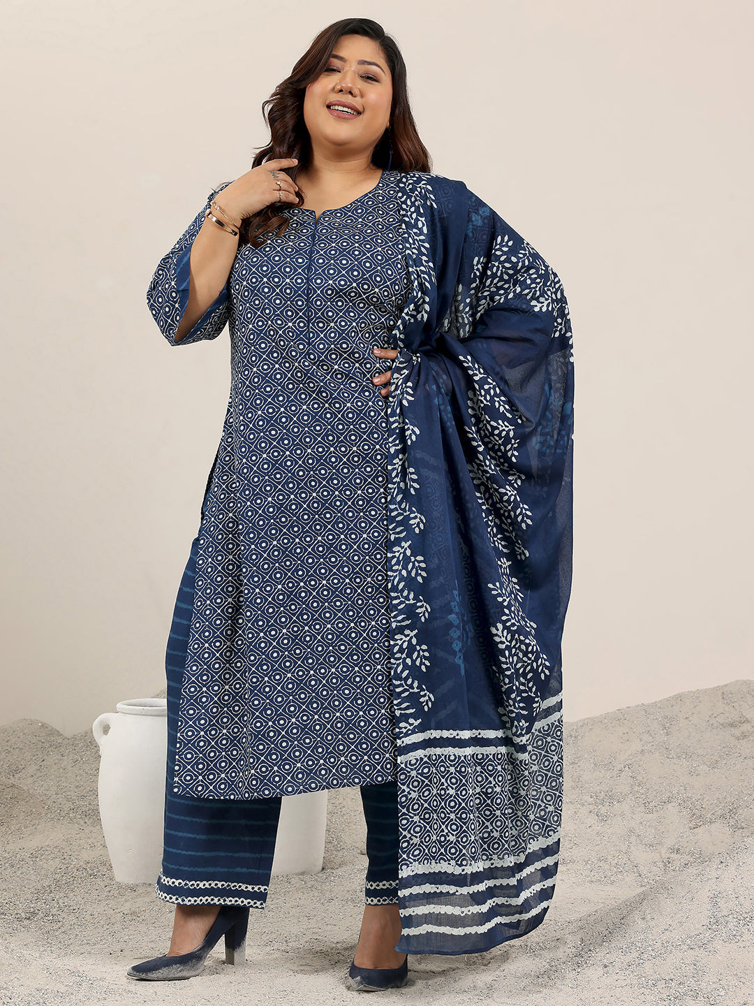 Plus Size Blue Printed Cotton Straight Suit Set With Dupatta