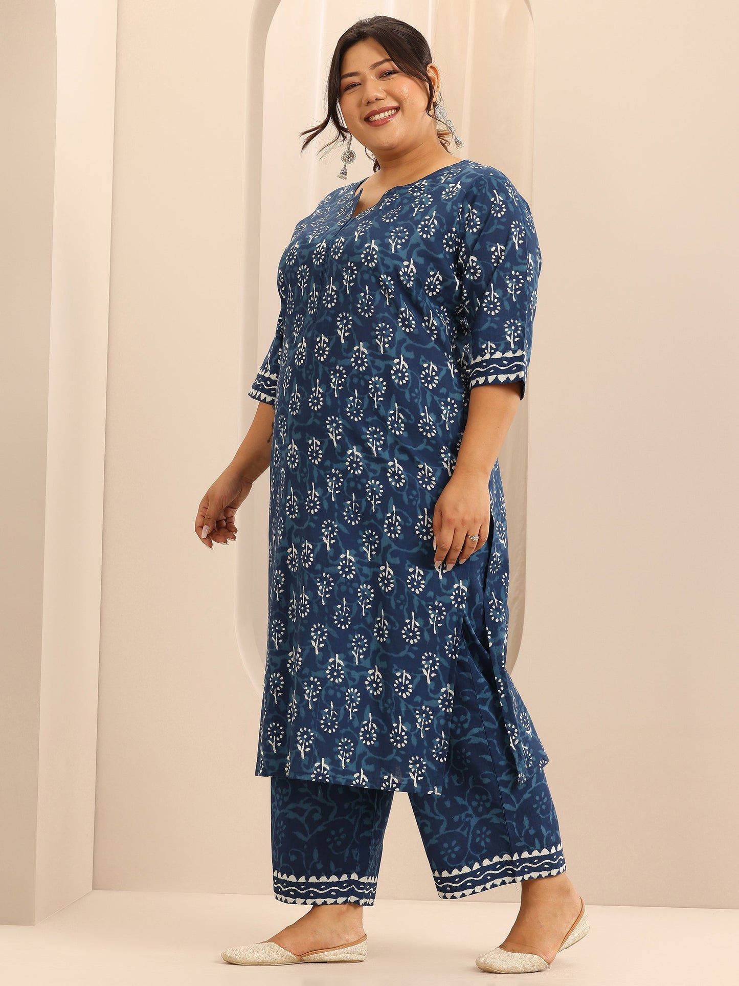 Plus Size Blue Printed Cotton Straight Suit Set With Dupatta