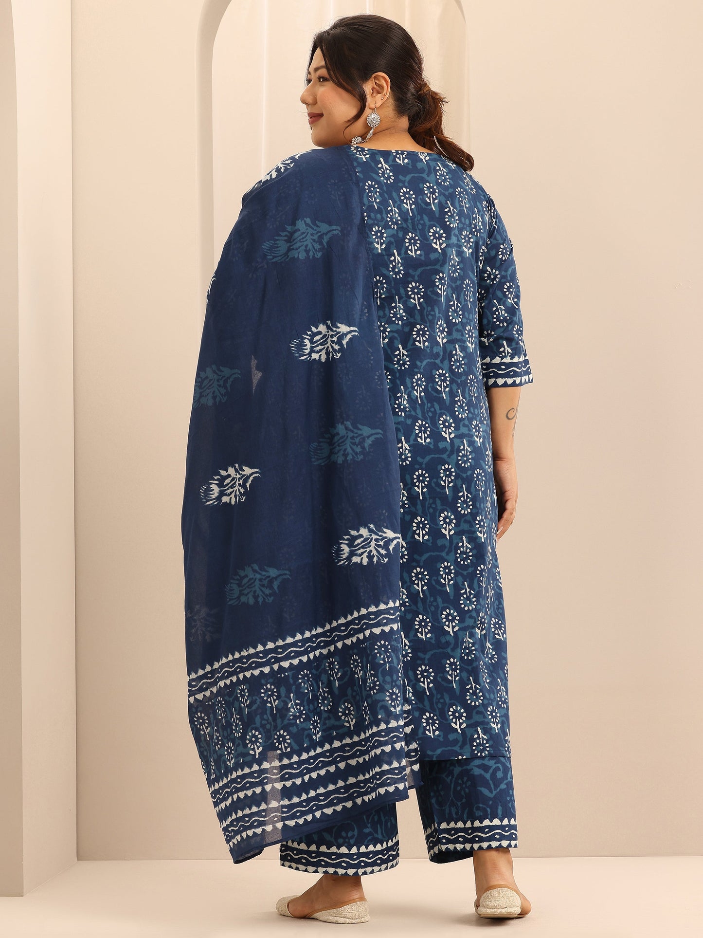Plus Size Blue Printed Cotton Straight Suit Set With Dupatta