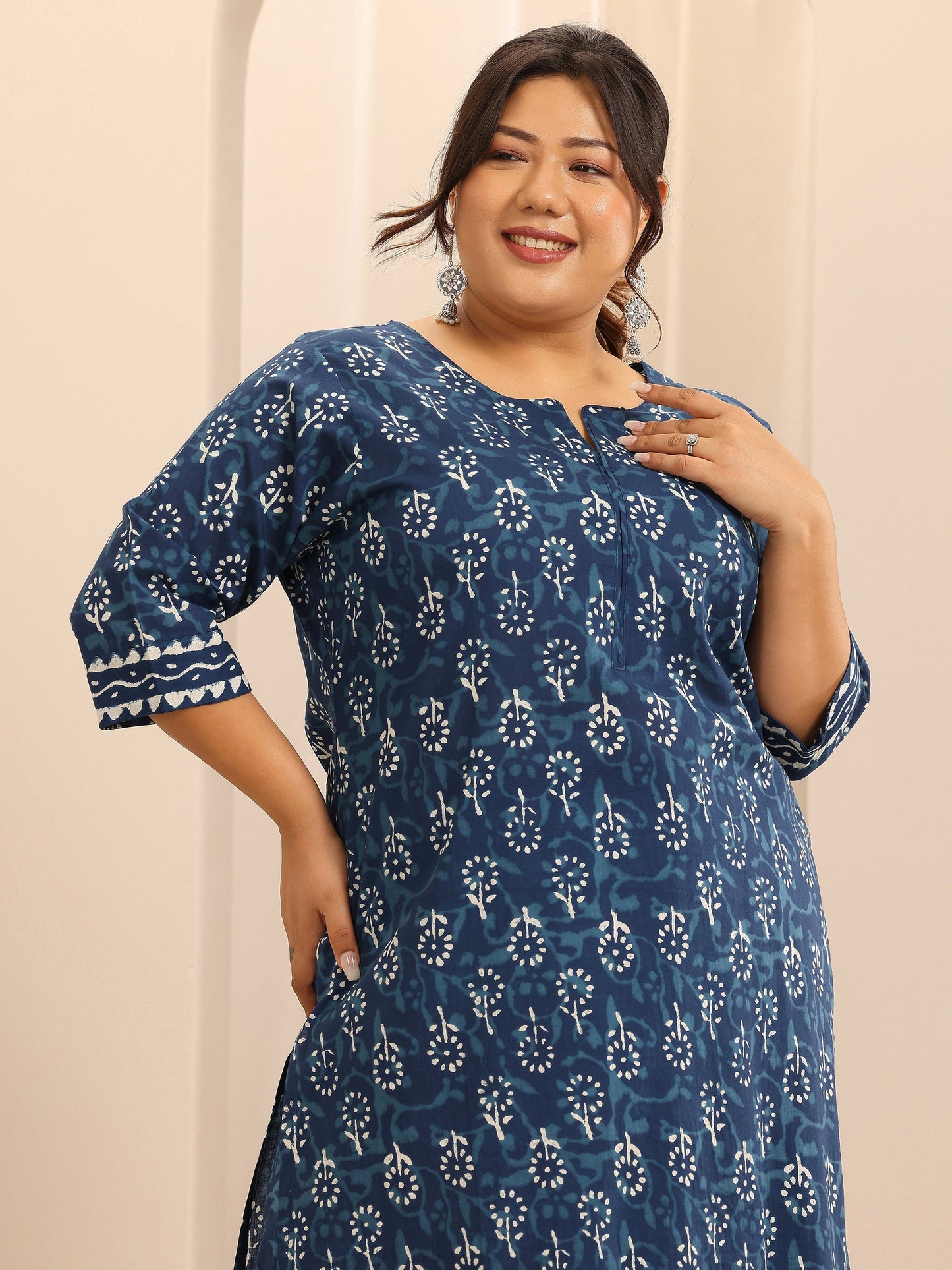 Plus Size Blue Printed Cotton Straight Suit Set With Dupatta