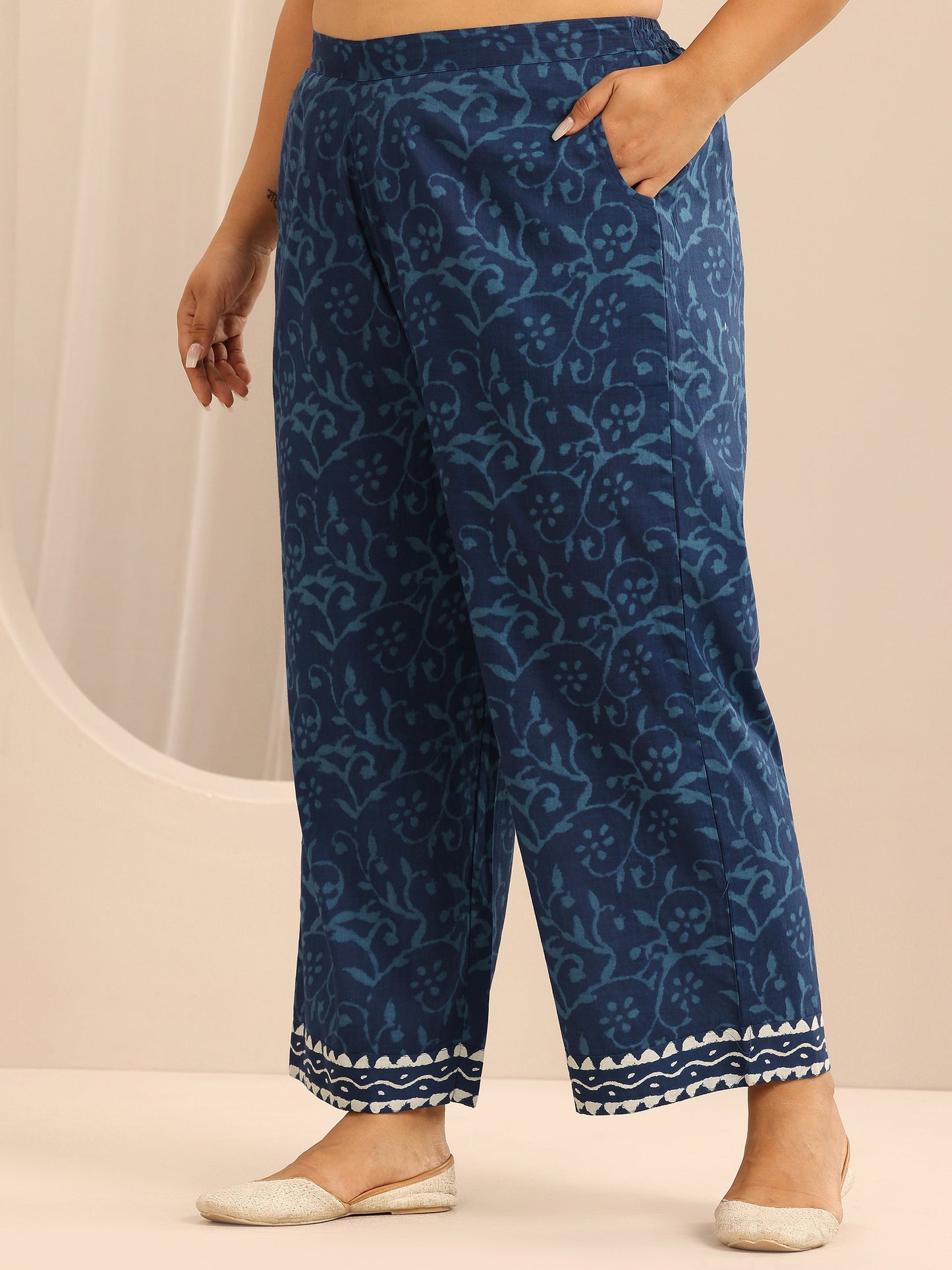 Plus Size Blue Printed Cotton Straight Suit Set With Dupatta