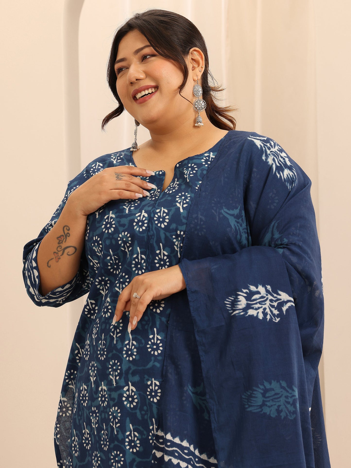 Plus Size Blue Printed Cotton Straight Suit Set With Dupatta