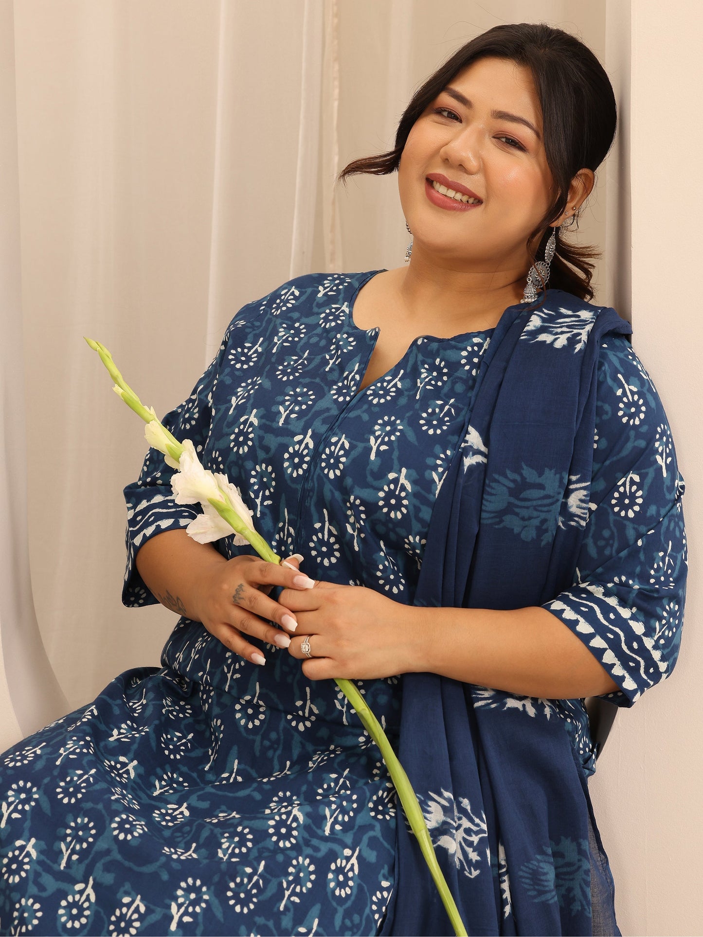 Plus Size Blue Printed Cotton Straight Suit Set With Dupatta