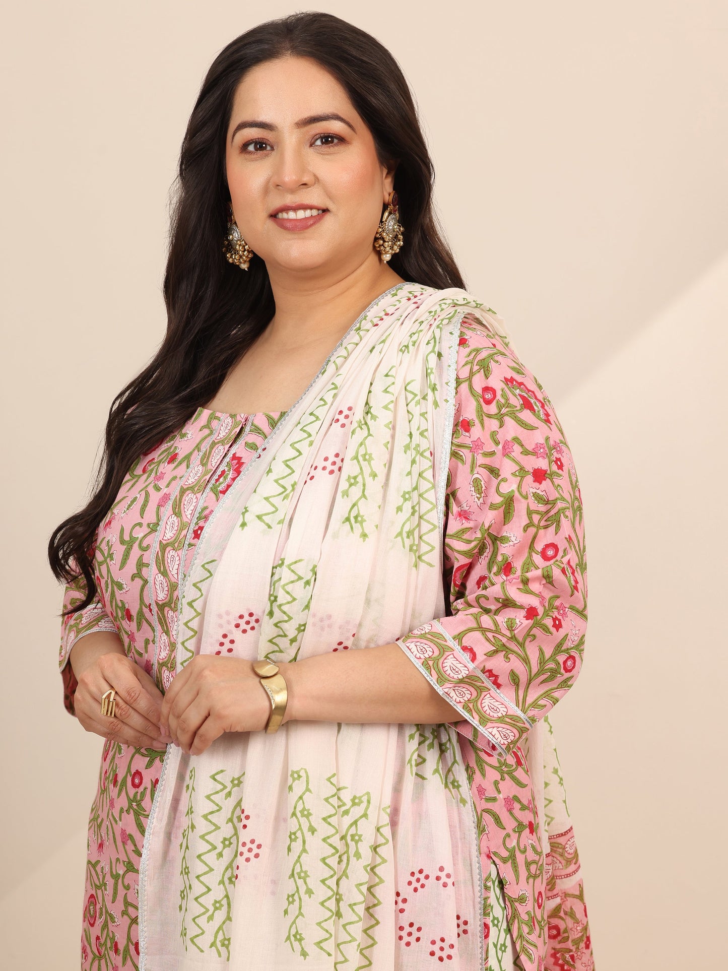 Plus Size Pink Printed Cotton Straight Suit Set With Dupatta