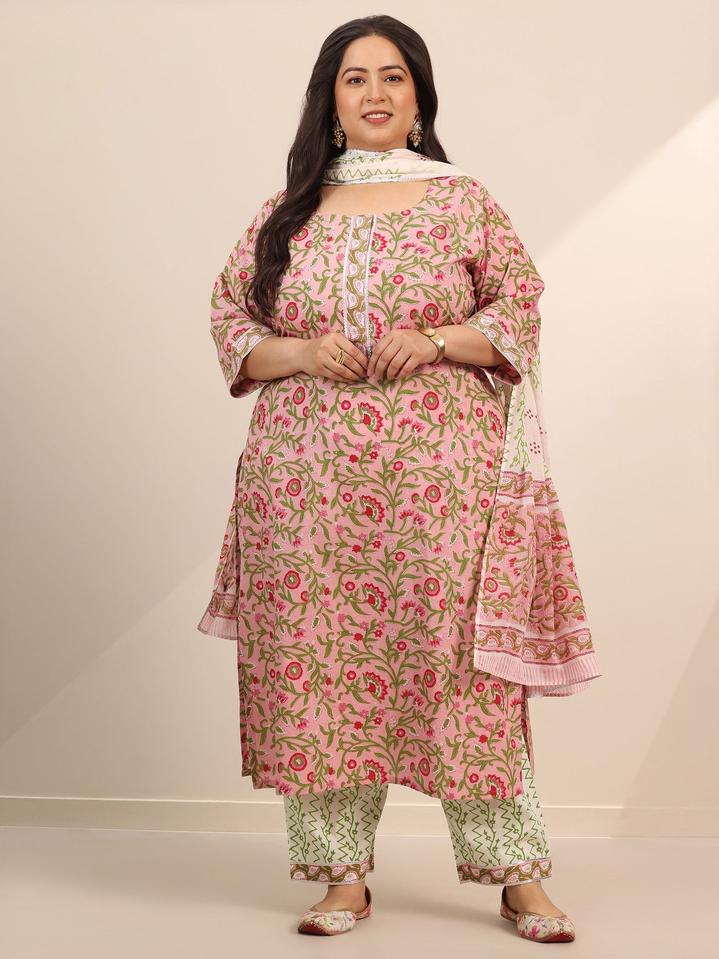 Plus Size Pink Printed Cotton Straight Suit Set With Dupatta