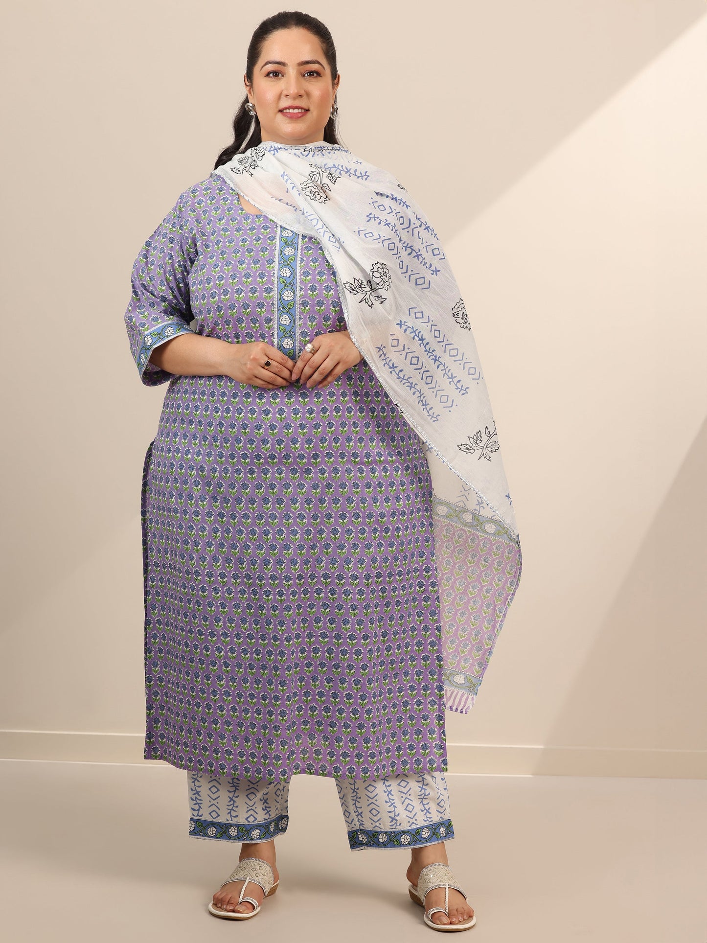 Plus Size Lavender Printed Cotton Straight Suit Set With Dupatta