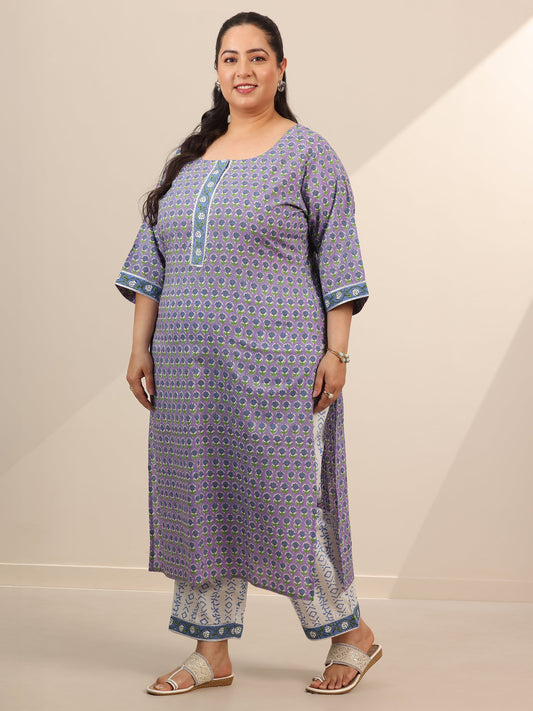 Plus Size Lavender Printed Cotton Straight Suit Set With Dupatta