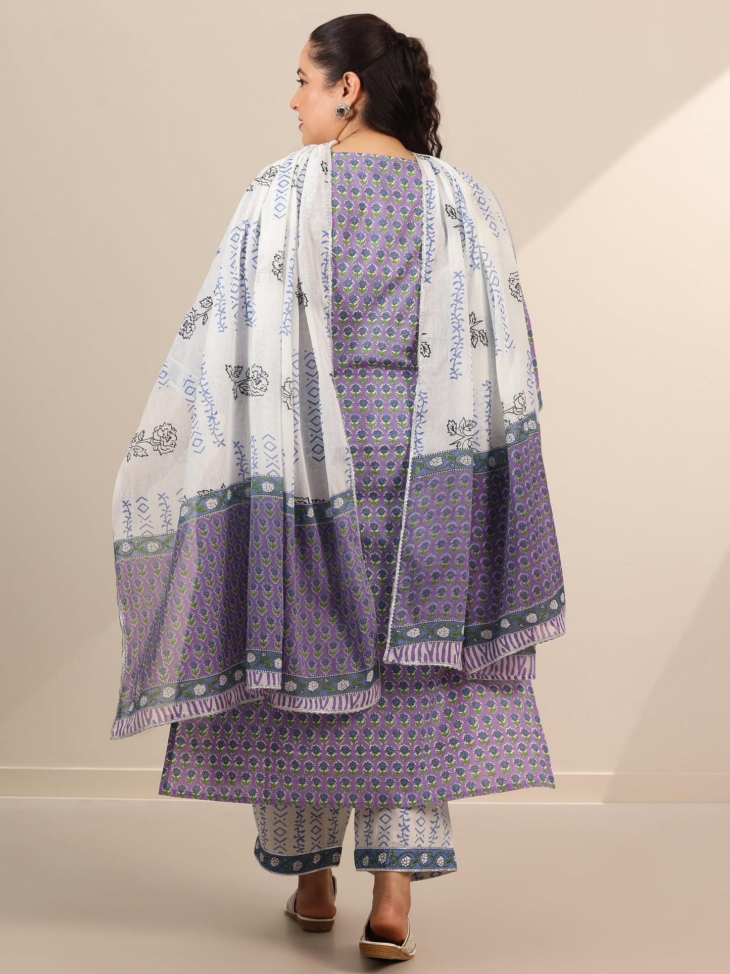 Plus Size Lavender Printed Cotton Straight Suit Set With Dupatta