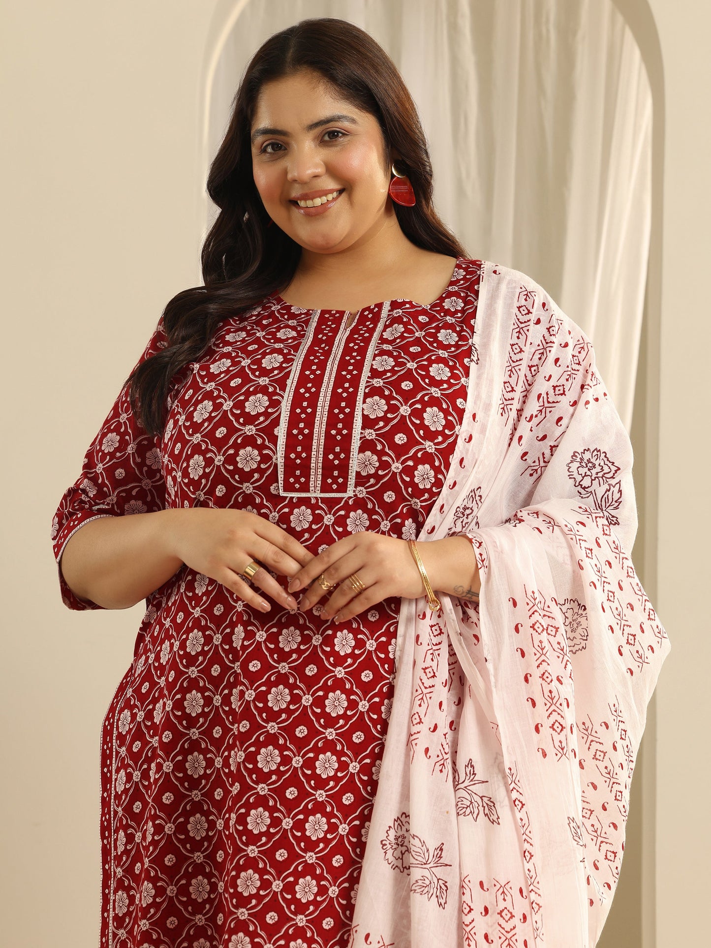 Plus Size Red Printed Cotton Straight Suit Set With Dupatta
