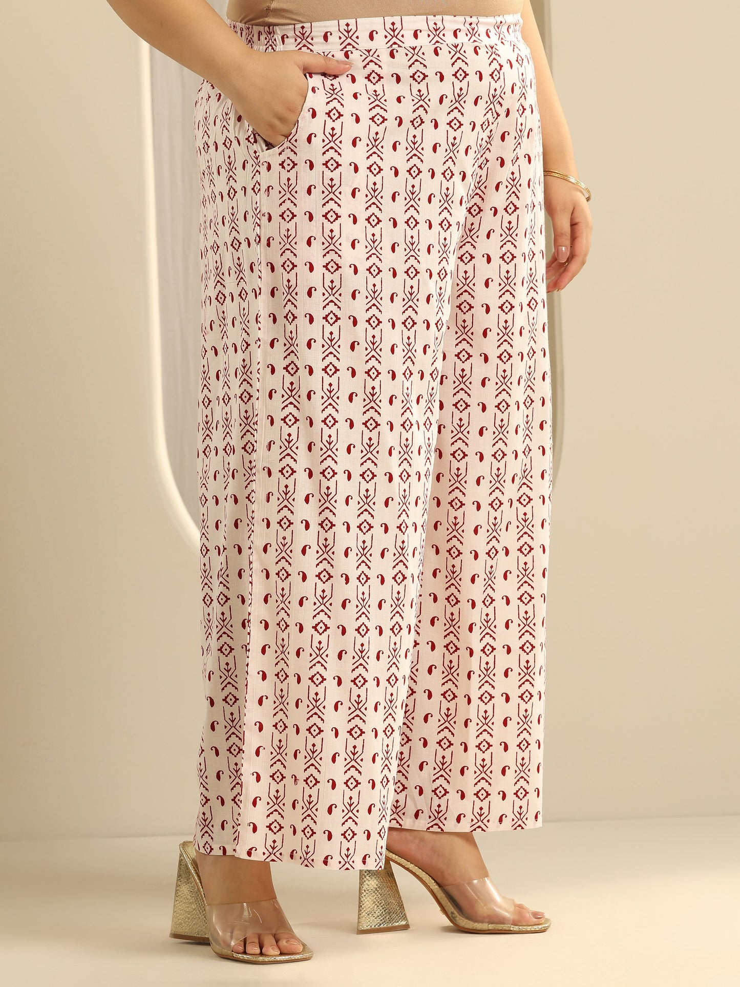 Plus Size Red Printed Cotton Straight Suit Set With Dupatta