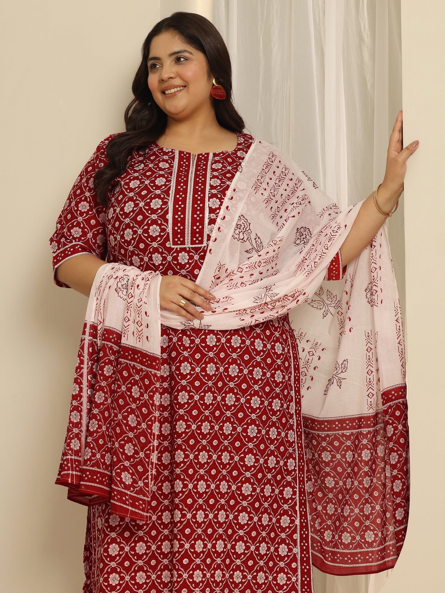 Plus Size Red Printed Cotton Straight Suit Set With Dupatta