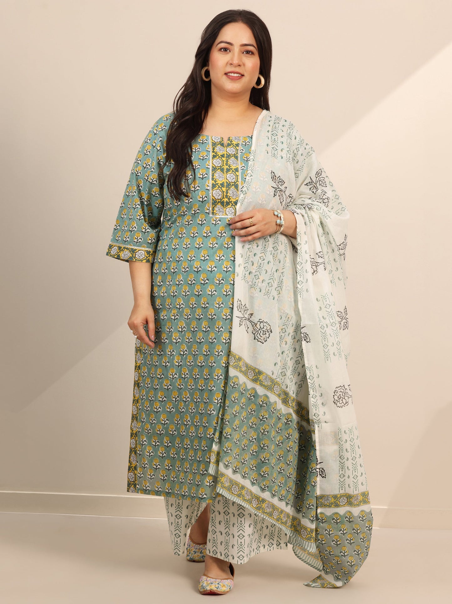 Plus Size Green Printed Cotton Straight Suit Set With Dupatta