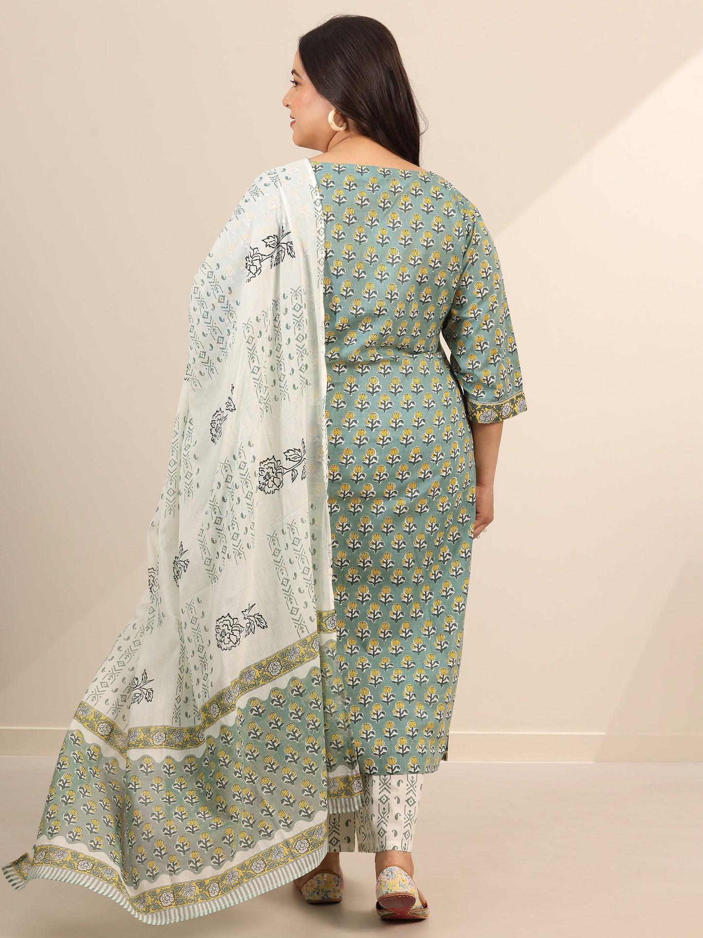 Plus Size Green Printed Cotton Straight Suit Set With Dupatta
