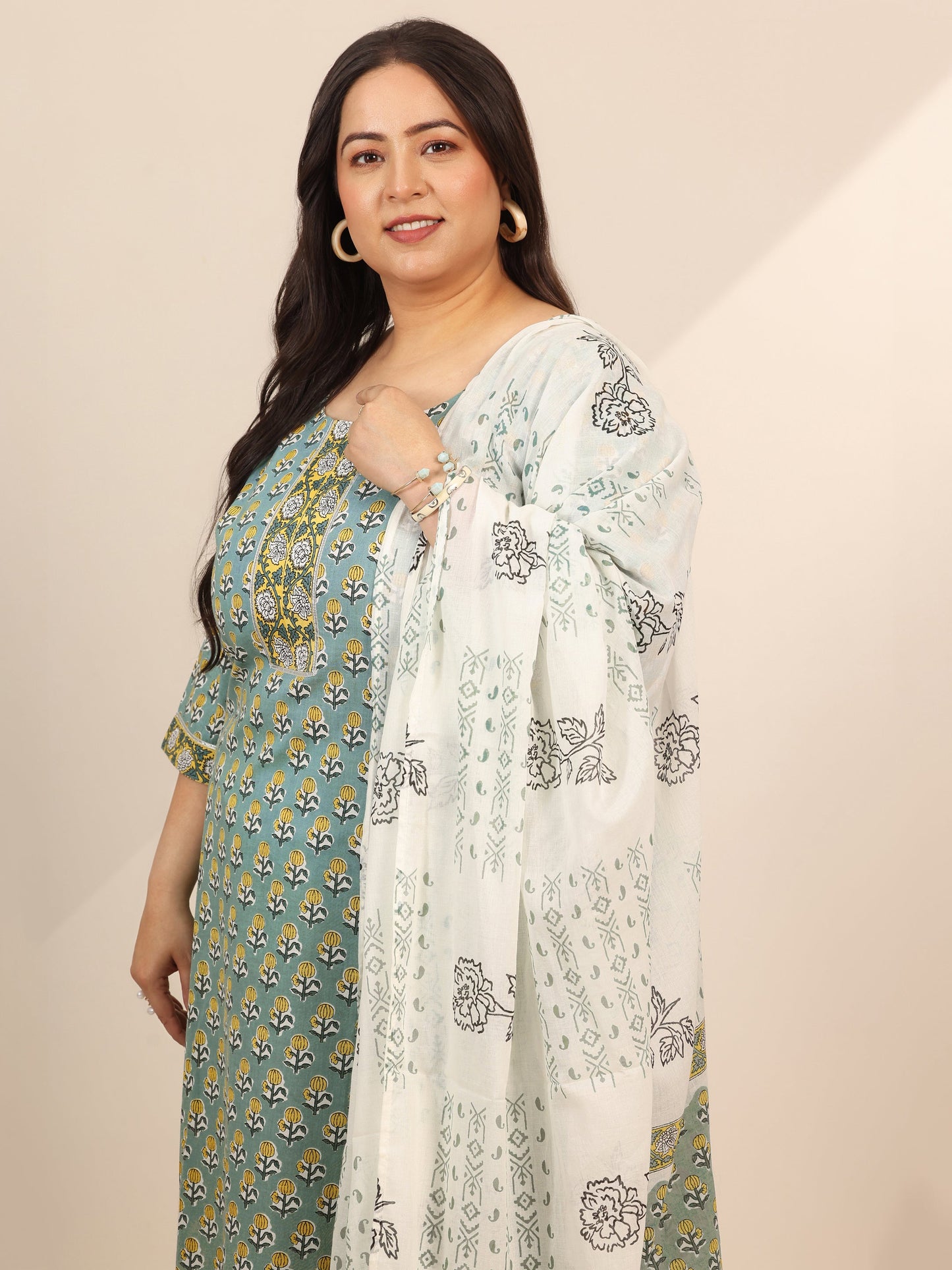 Plus Size Green Printed Cotton Straight Suit Set With Dupatta