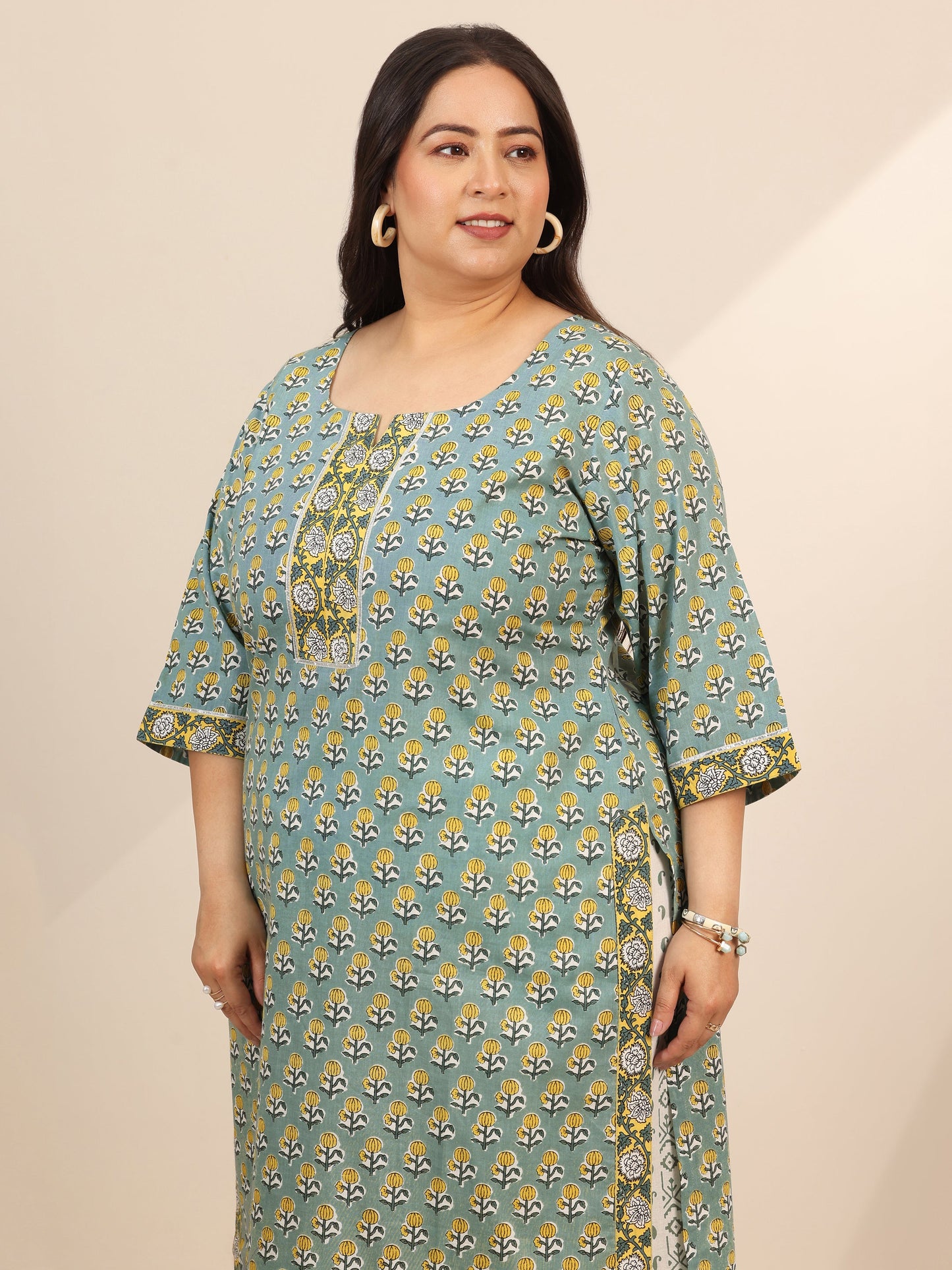 Plus Size Green Printed Cotton Straight Suit Set With Dupatta