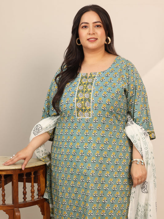 Plus Size Green Printed Cotton Straight Suit Set With Dupatta