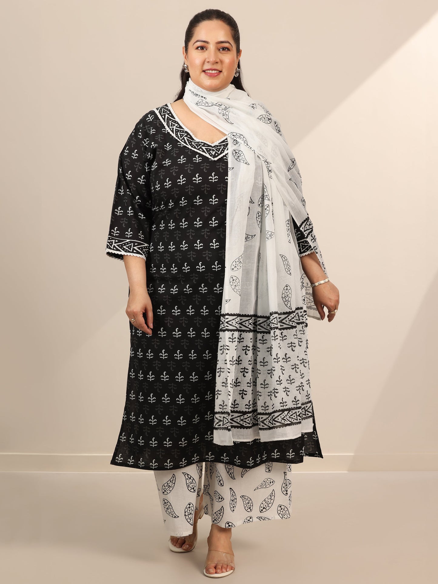 Plus Size Black Printed Cotton Straight Suit Set With Dupatta