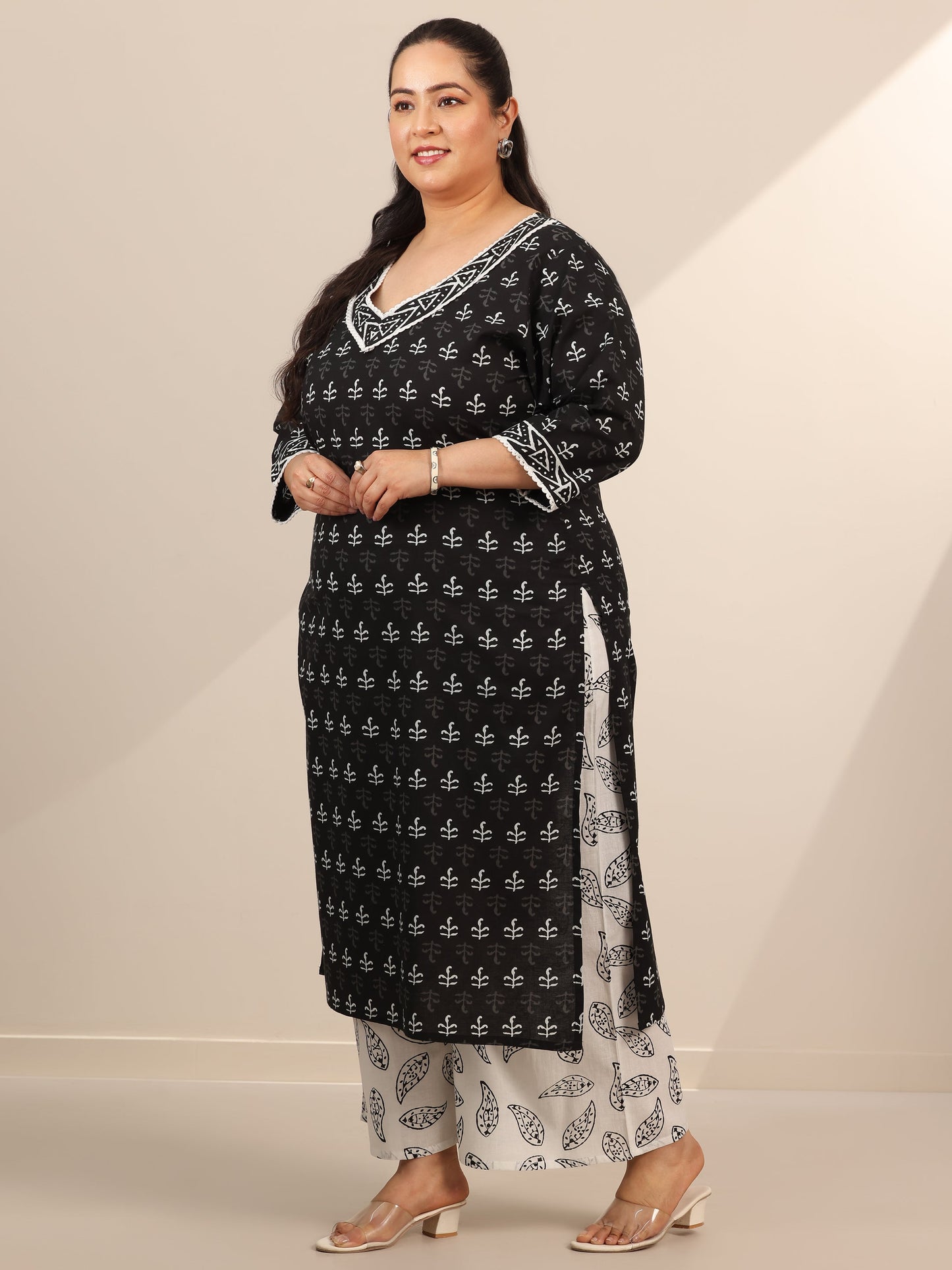Plus Size Black Printed Cotton Straight Suit Set With Dupatta