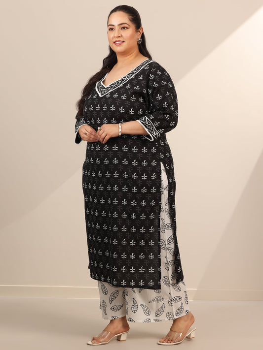 Plus Size Black Printed Cotton Straight Suit Set With Dupatta