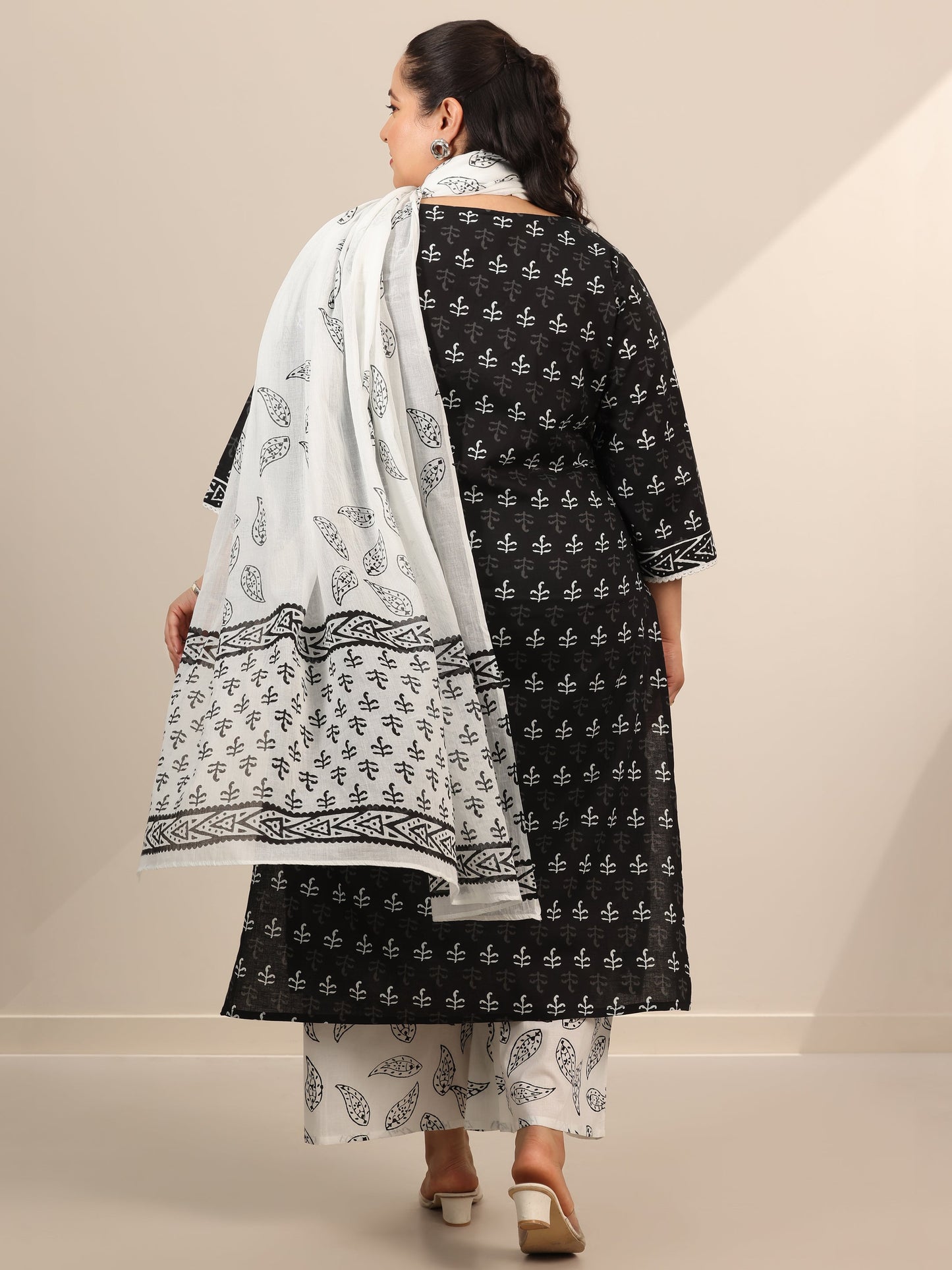 Plus Size Black Printed Cotton Straight Suit Set With Dupatta