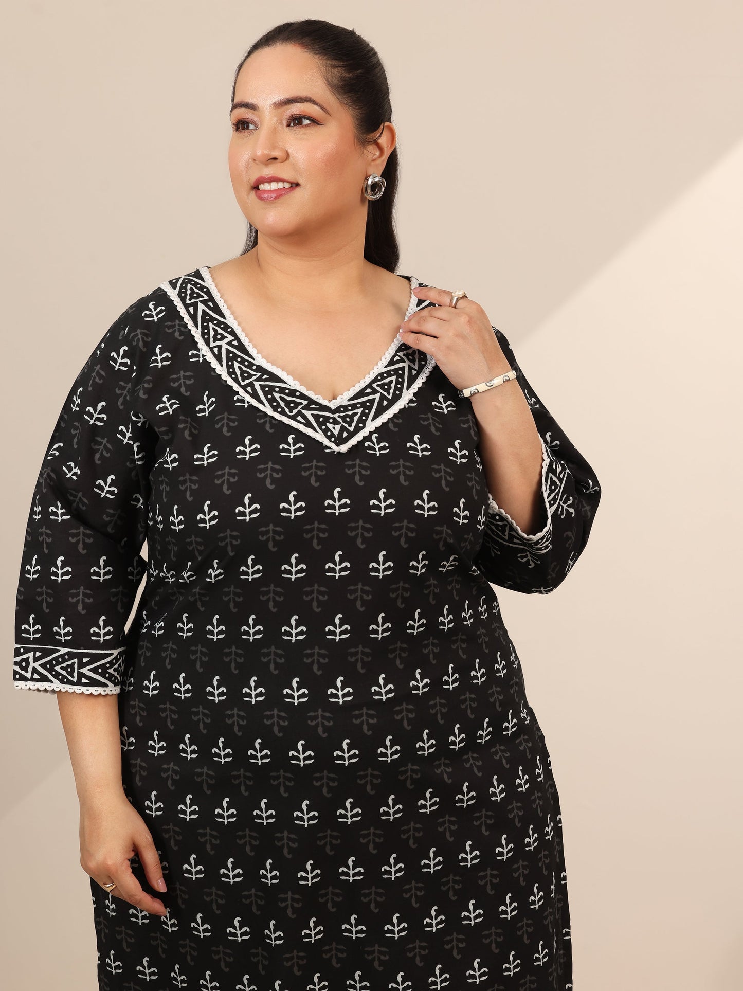 Plus Size Black Printed Cotton Straight Suit Set With Dupatta